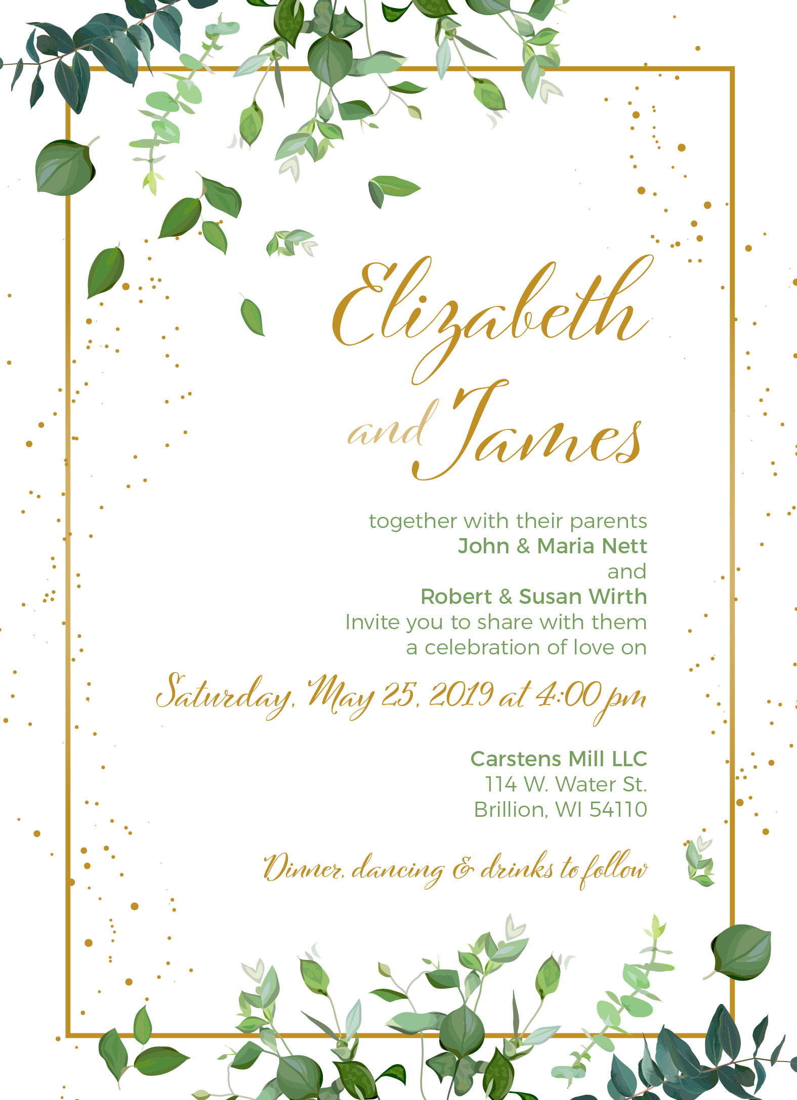 Metallic Gold with Leaves Wedding Invitation Front